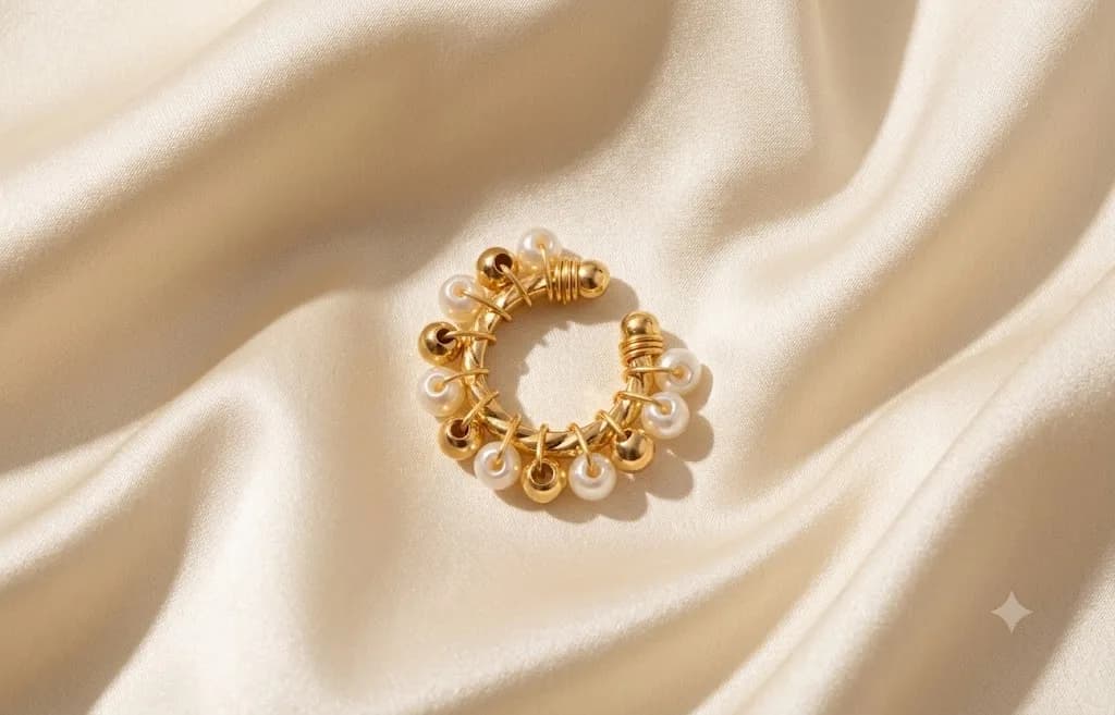 Earcuff decorado con perlas blancas y balin dorado sencilla