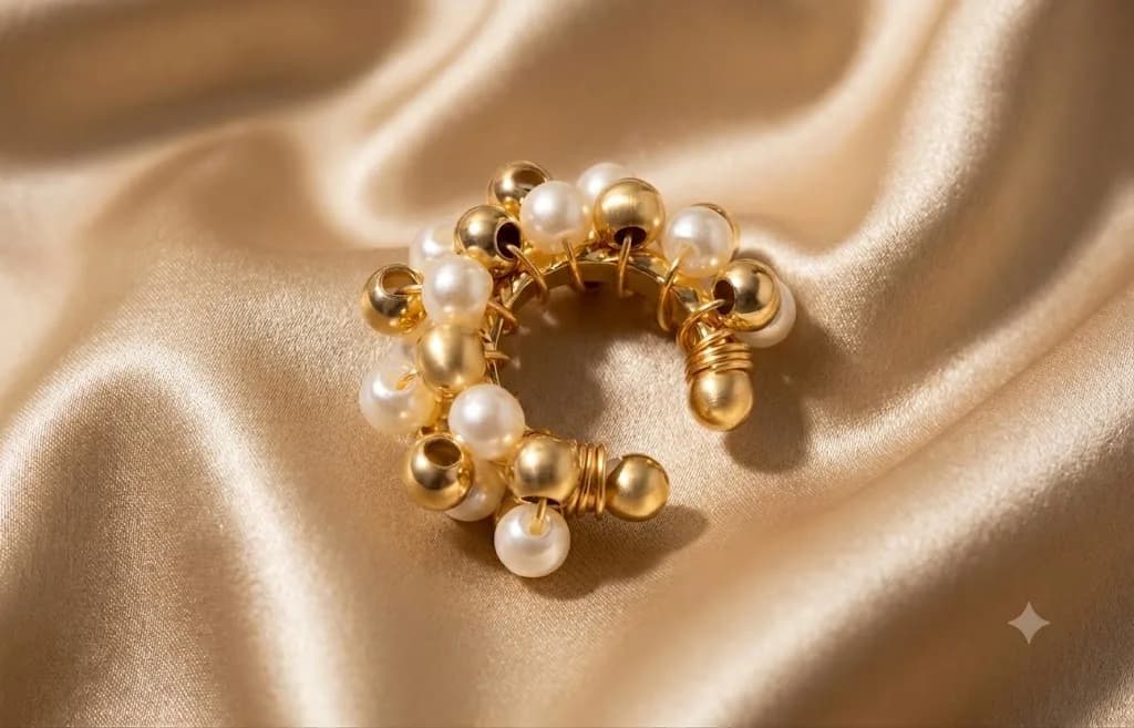 Earcuff decorado con perlas blancas y balin dorado triple