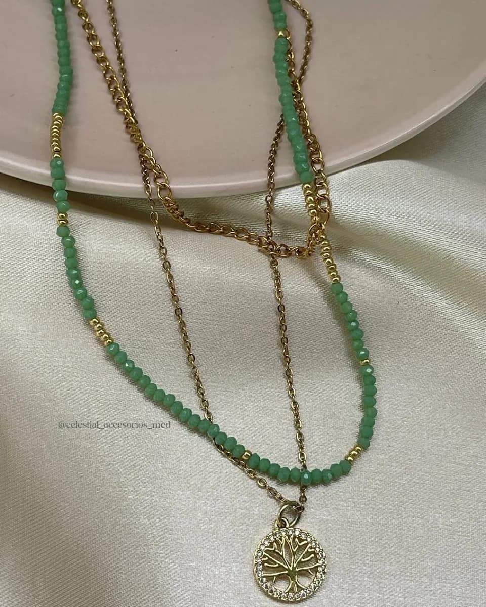 Set cadena doble murano verde y acero