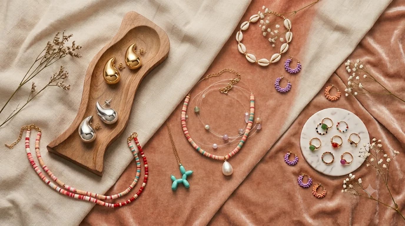 Aretes, collares, pulseras y anillos de la colección sobre lino y terciopelo